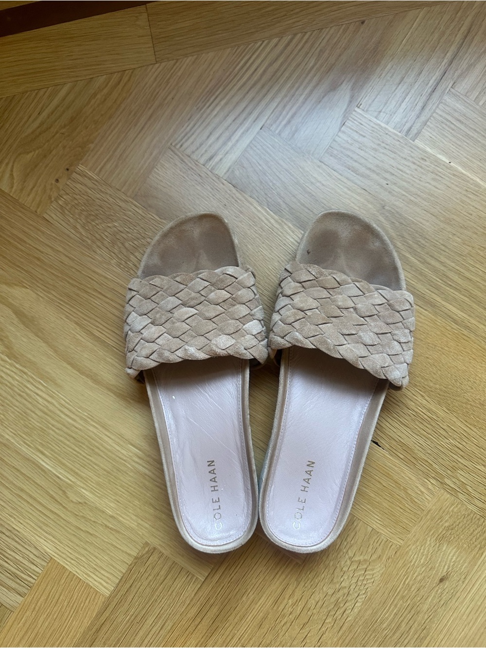 Cole Haan Woven Slide Mules — Light Beige Suede